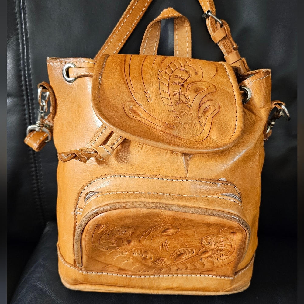 Imported From Paraguay Tooled Leather Drawstring Mini Bucket Crossbody Preloved - Picture 12 of 12